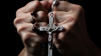 Close-up of hands clasping a wooden rosary with a silver crucifix in prayer. Religious person praying against a black background. Catholic faith and devotion concept