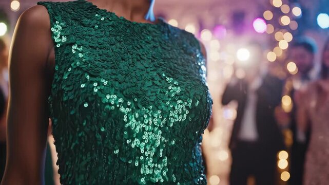 Close-up of a woman wearing a sparkling green sequin dress at a party. Fashionable emerald outfit texture with bokeh lights background. St. Patrick's Day celebration concept