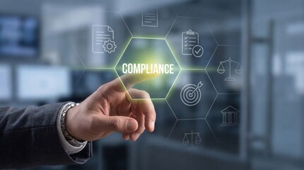 Professional mans hand interacts with a futuristic glowing compliance interface surrounded by regulatory icons in a modern office environment