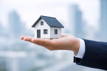 Miniature House in Palm of Hand Against Blurry Cityscape Backdrop