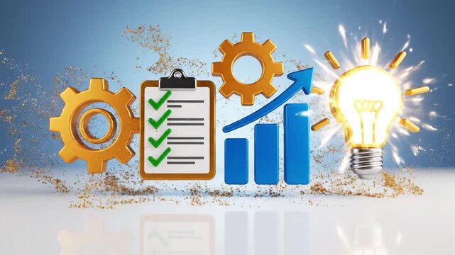 Checklist clipboard growth chart gear lightbulb productivity innovation success upward. red vintage alarm clock reflective surface with warm light and soft blue background, golden glitter explosion