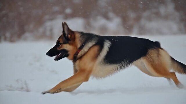 Energetic German Shepherd Bounding Through Winter Snow
