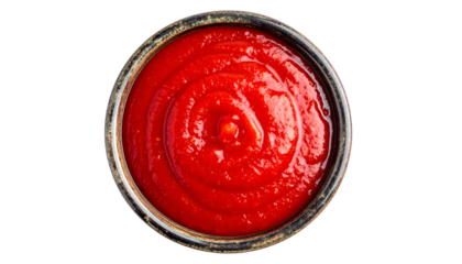 Overhead view of smooth, bright red sauce in a small, circular metal bowl