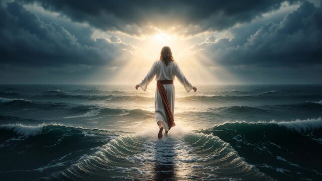 Jesus Christ walking on turbulent ocean water towards divine light. Biblical miracle scene with a figure in a white robe and red sash amidst a storm. Religious concept of faith