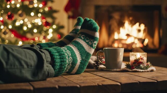 Feet in green wool socks resting on table by fireplace. Cozy Christmas evening with hot drink and tree. Winter holiday relaxation concept