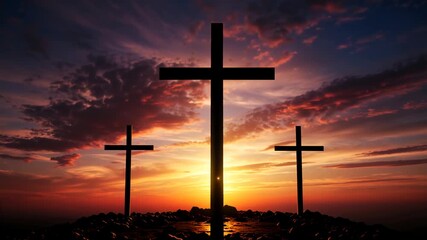Silhouette of three crosses on a hill against a dramatic sunset sky. Christian crucifixion scene representing Calvary and Good Friday. Religious Easter background concept