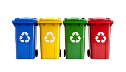 Four colored trash bins with recycle symbol on a solid black background