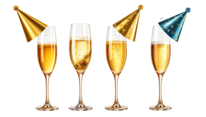 Four champagne flutes with bubbles, party hats, and golden bubbly liquid on a black background