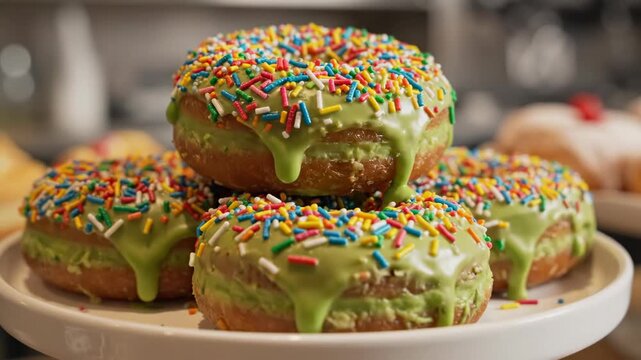 Stacked donuts with green glaze and colorful sprinkles on a white stand. Close up of festive pastries for St. Patrick's Day celebration. Sweet dessert in a bakery setting