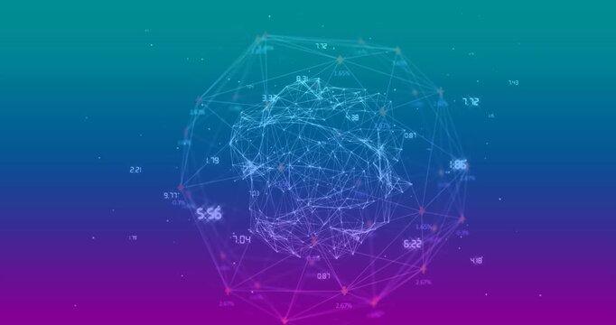Animation of numbers around connected dots forming globes over gradient background