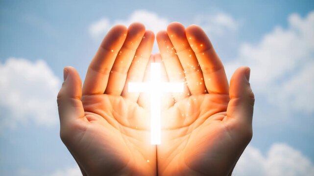 Cupped hands holding a glowing cross against a blue sky. Christian symbol of faith, prayer, and hope. Religious worship concept