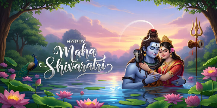 Maha shivaratri festival greeting card with shiva parvati illustration
