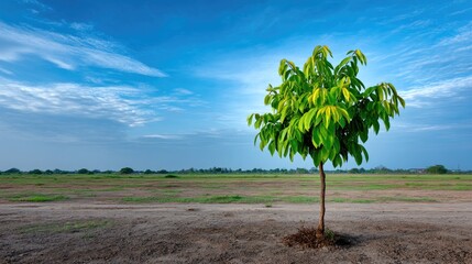 Isolated green tree on open field under bright blue sky with scattered clouds, showcasing nature's beauty and tranquility in a serene landscape