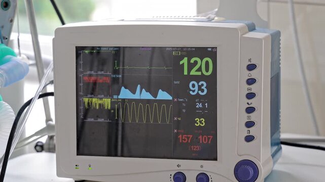 Close up of medical patient monitor screen showing vital signs including heart rate and blood pressure in hospital intensive care unit during surgery