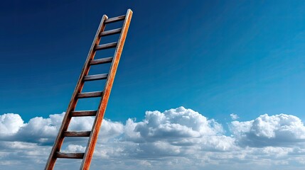 Wooden ladder against a bright blue sky with fluffy clouds creating a sense of aspiration, hope, and upward movement in a tranquil outdoor setting
