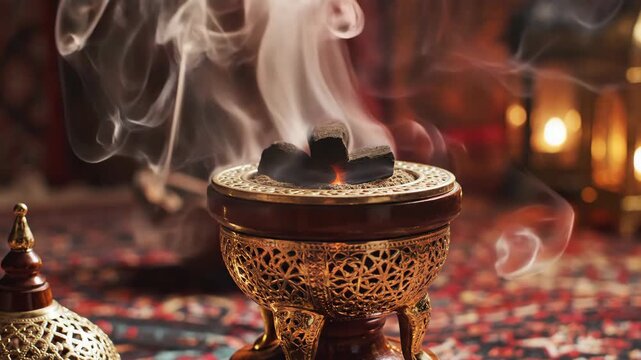 Burning charcoal in a golden incense burner with smoke rising. Traditional Arabic mabkhara on a red carpet with Ramadan lanterns in the background. Islamic culture concept