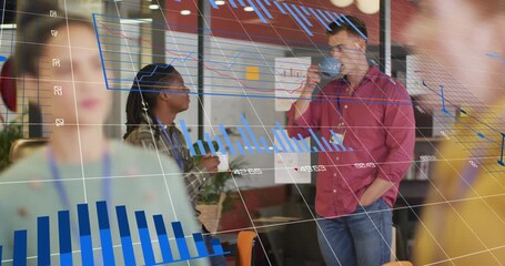 Animation of multiple graphs, changing numbers over diverse coworkers discussing while drinking tea - Powered by Adobe