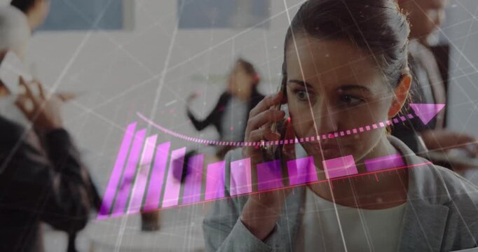 Animation of arrow on falling graph over beautiful caucasian woman talking on cellphone in office
