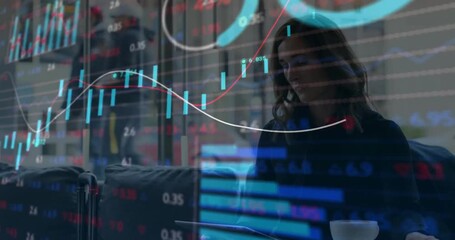 Animation of financial data processing over businesswoman using smartphone in office - Powered by Adobe