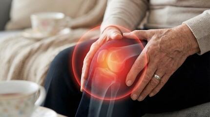 An elderly person experiences intense knee joint pain, highlighted with a red glow.
