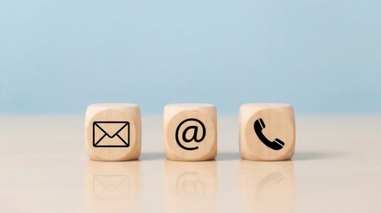 Three wooden cubes with an envelope symbol at sign and telephone icon on a light beige table with a soft blue background in bright studio light showing communication opti