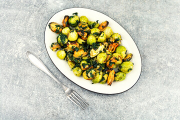 Mussels with Brussels Sprouts and Herbs