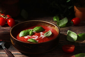 A bowl with tomato soup in rustic style	