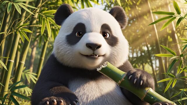 An endearing animated panda smiles contentedly while savoring a fresh bamboo stalk in its vibrant, sunlit forest home, capturing a moment of serene natural bliss and the simple joy of wildlife