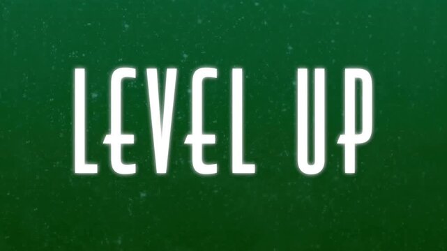 Level up text animation over green background with particles