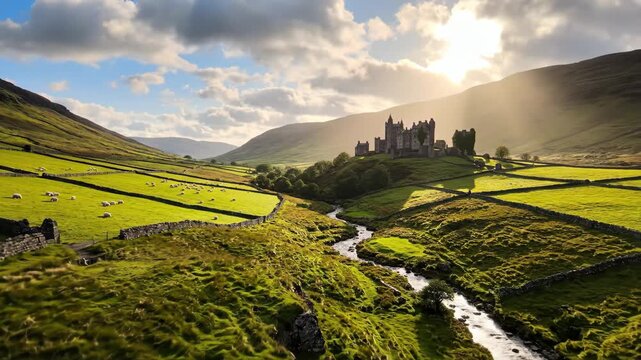 Medieval castle in a lush green Irish valley. Scenic landscape with a winding stream and grazing sheep. Dramatic sunlight rays over rolling hills. St. Patrick's Day heritage concept