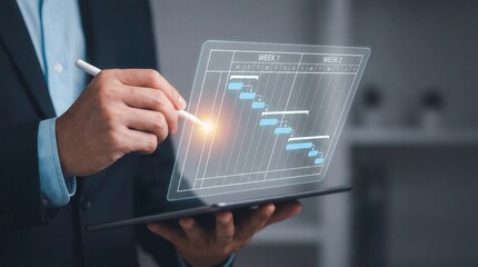 Focused business professional using a stylus to interact with an innovative glowing holographic project management schedule on a tablet displaying tasks and timelines