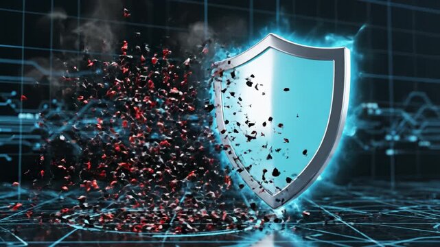 Shield protection cybersecurity digital network glowing blue particles explosion malware defense medical immune visualization futuristic security aura dynamic motion striking silver red virus on grid