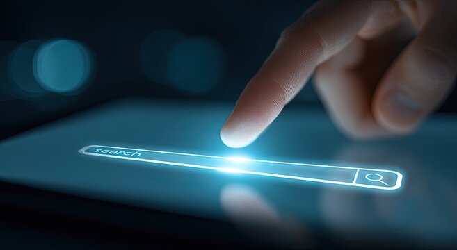 Close-up view of a finger tapping on the illuminated search bar of a digital tablet