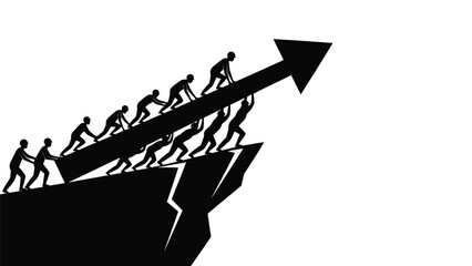 Silhouettes of people climbing up an arrow on a cliff face symbolizing teamwork and progress