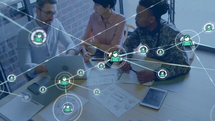 team collaborating in tech meeting, sketching designs, typing laptop with network icons - Powered by Adobe