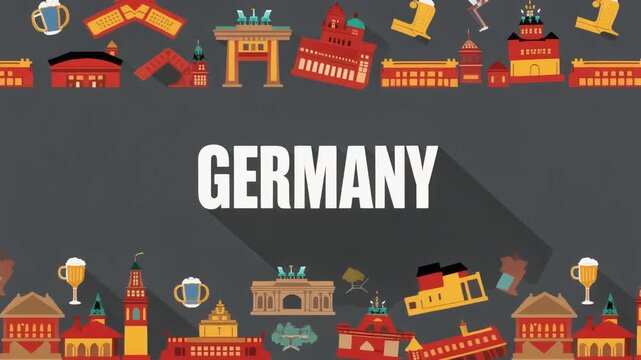 Germany bold text animation featuring flat icons of beer mugs, Brandenburg Gate, and classic architecture on a charcoal gray background. Modern European travel graphics.