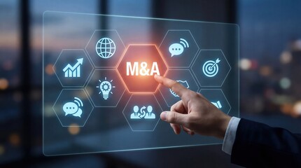 Professional hand touches a vibrant glowing digital interface displaying the Merger and Acquisition M and A concept surrounded by strategic business and technology icons 