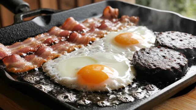 Sizzling full English breakfast cooking in a hot cast iron pan. Close-up of fried eggs, crispy bacon, and black pudding. Traditional hearty morning meal
