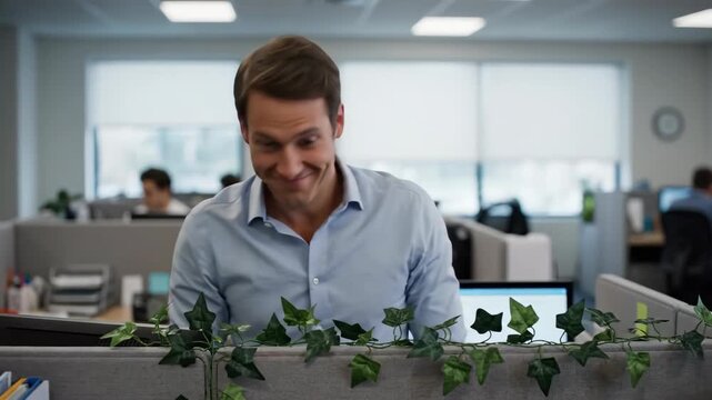 Cheerful man decorates his office cubicle with a green ivy vine. A happy employee smiles at the camera in a modern workplace. Corporate fun and personalization
