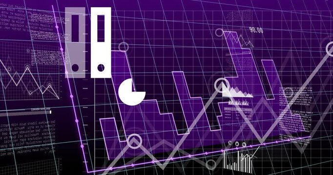 Opening dark purple grid plane starting icons fading sliding charts animating for showing data flow