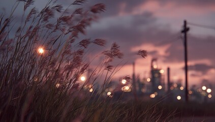 Reeds sway in the wind, with industrial lights glowing at sunset, under a dusky sky
