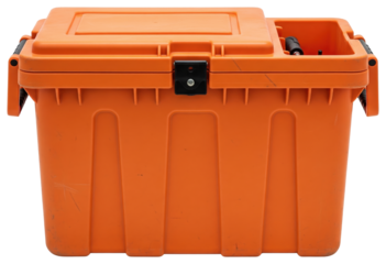 Orange heavy duty plastic protective equipment case with handle isolated with transparent background