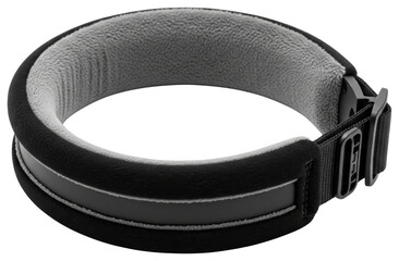 Black padded foam neck collar brace with adjustable strap and buckle isolated with transparent background
