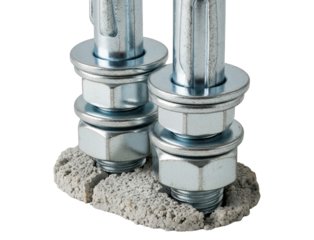 Steel wedge anchors installed in gray concrete foundation isolated with transparent background