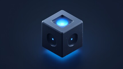 Obraz premium Futuristic Cloud Computing Core Cube with Blue Light Glow, Minimal Design and Copy Space for Enterprise Data Center Infrastructure