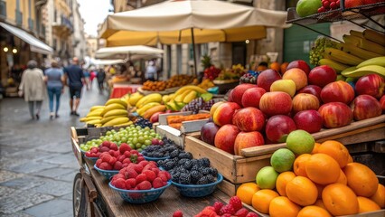 Colorful fruits stacked naturally, outdoor street market atmosphere