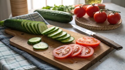 cucumber, tomato slices with knife, natural kitchen light