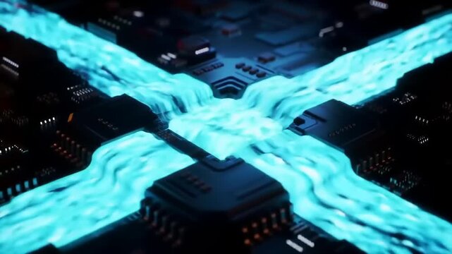 Dynamic digital data streams flowing across an advanced circuit board, symbolizing rapid information processing, high-speed networking, and future technology development