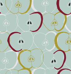 Slices of fresh juicy apples stacked on each other, forming a minimalist fruit pattern in colors of red, yellow, off white and black on blue background. Botanical seamless vector pattern. Home decor