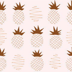 Handmade crosshatch pineapples with scribbled elements as a minimalist fruit pattern in colors of brown and cream on off pink background. Botanical tropical seamless vector pattern. Great for giftwrap